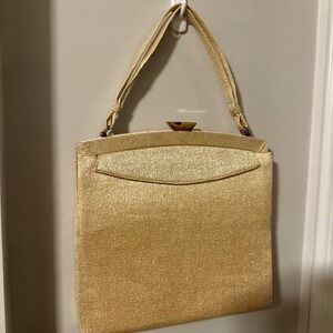 Vintage 1950s Lewis Gold Lamé Evening Bag Set‎ Mirror Coin Purse Comb Crown